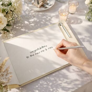 Wedding Guest Book And Pen, White Linen, 2 of 8