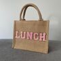 Personalised Patch Five Letters Square Jute Lunch Bridesmaid Top Handle Gift Bag, thumbnail 8 of 10