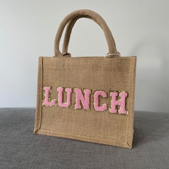 Personalised Patch Five Letters Square Jute Lunch Bridesmaid Top Handle Gift Bag, 8 of 10