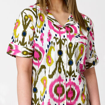 Ikat Print 100% Cotton Ladies Pyjama Short Set In White And Pink, 5 of 11