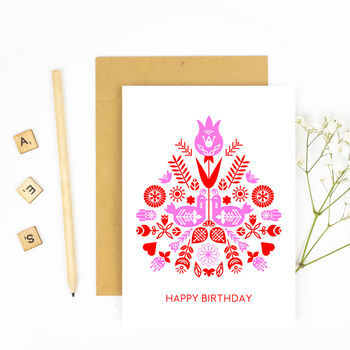Scandi Style Pattern Red Pink Happy Birthday Card, 4 of 4