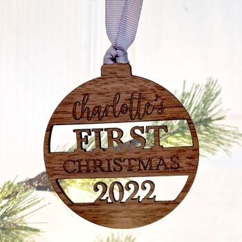 Personalised Wooden First Christmas, Keepsake Bauble, 4 of 7