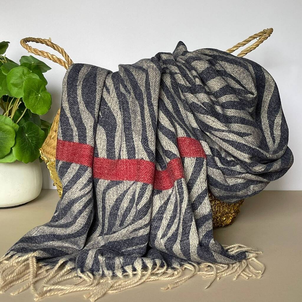 Zebra Print Scarf With Stripe In Navy Blue And Red By Nest Gifts