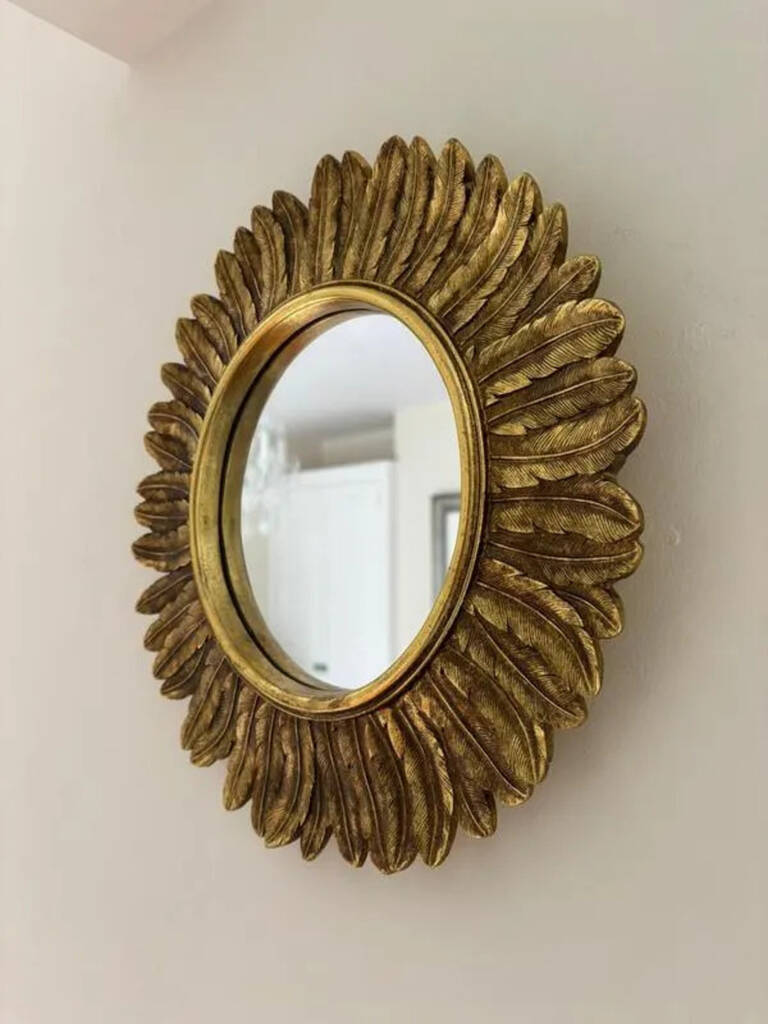 32cm Gold Sunburst Mirror Feather Leaf Decor Distressed Gift, 1 of 7