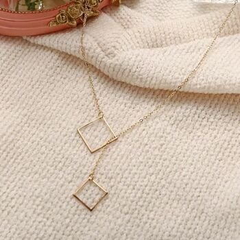 Square Y Shape Drop Gold Plated Lariat Bar Necklace, 5 of 7