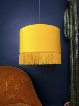 Yellow Velvet Lampshades With Gold Lining And Fringing, 3 of 11