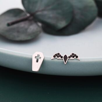Mismatched Coffin And Bat Stud Earrings In Sterling Silver, 2 of 12