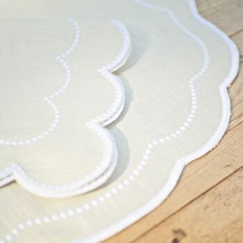 Pair Of Scalloped Embroidered Cream Linen Napkins, 6 of 6