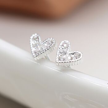 Sterling Silver Cubic Zirconia Heart Stud Earrings, 5 of 9