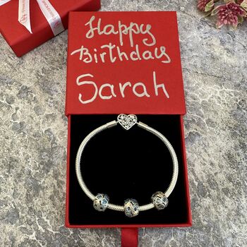 March Birthstone Charm Personalised Silver Bracelet, 2 of 9