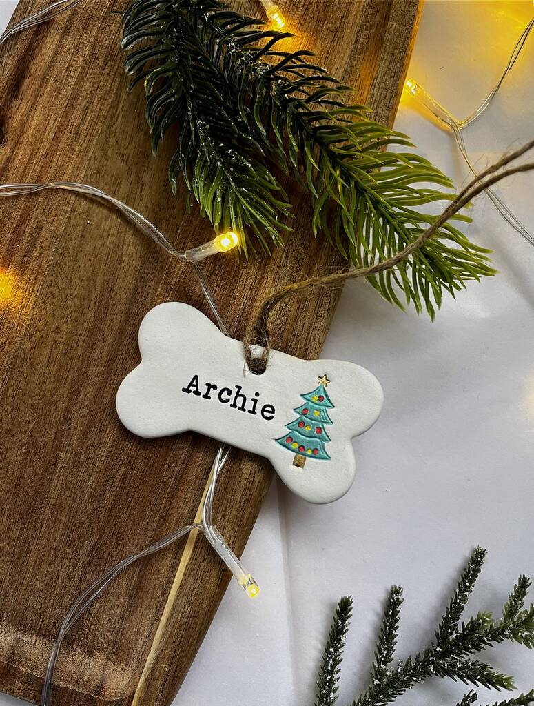 Personalised Clay Dog Christmas Decoration With Christmas Tree, 1 of 2