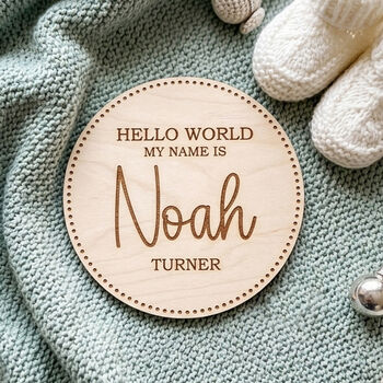 Personalised Welcome To The World Wooden Baby Announcement Photo Disc, 2 of 5