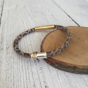 Leopard Print Leather Bangle With Silver And Gold Rings, 6 of 7