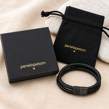 Men's Personalised Leather And Black Clasp Bracelet, 7 of 9