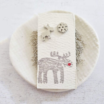 Reindeer And Snowflake Stud Earrings. A Snow Globe Surprise, 2 of 3