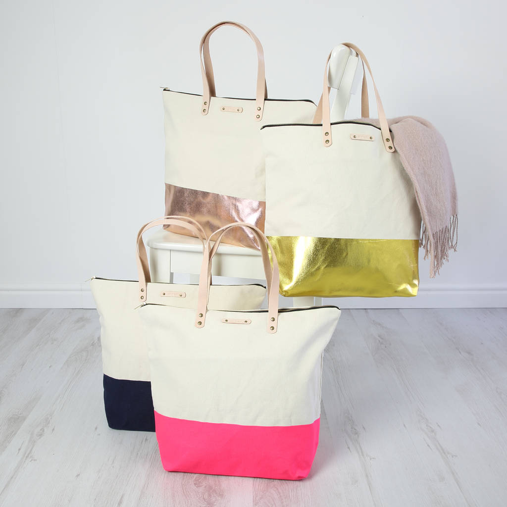 canvas tote bag with leather straps by get it rapt.