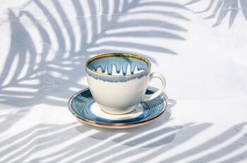 Blue Set Of Six Handmade Porcelain Tea Cup With Saucer, 2 of 10
