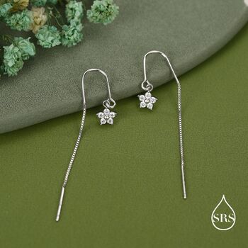 Sterling Silver Cz Flower U Shape Threader Earrings, 7 of 11