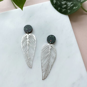 Statement Silver Plated Leaf Drop Stud Earrings, 2 of 4