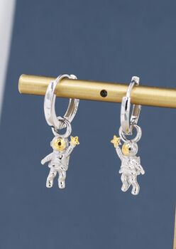 Sterling Silver Little Astronaut Charmed Hoop Earrings, 3 of 11