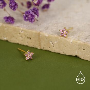 Sterling Silver Tiny Pink Cz Flower Stud Earrings, 3 of 12