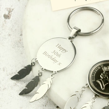 Personalised 30th Birthday Ten Pence Coin Keyring, A Feather For Every Decade, 4 of 7