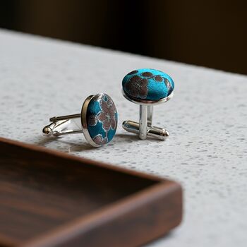 Turquoise Japanese Silk Covered Cufflinks, 4 of 4