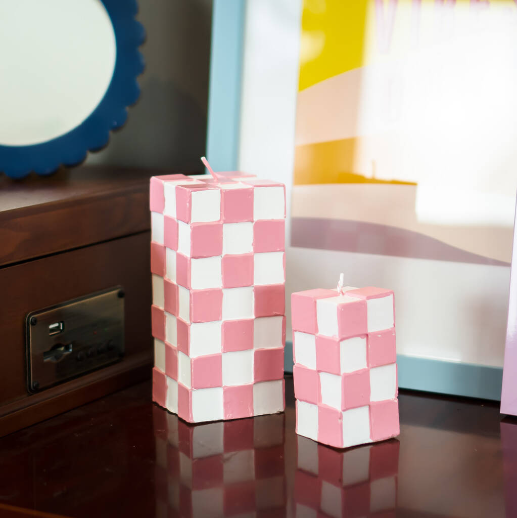 Chunky Pillar Candle In Pink Check