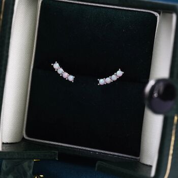 Tiny Opal Curved Bar Stud Earrings Sterling Silver, 3 of 10