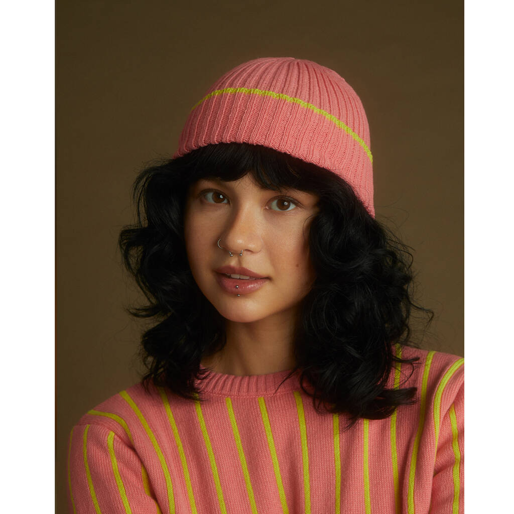 Ribbed Wool And Cashmere Beanie Pink And Yellow