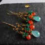 Onyx Emerald Carnelian Cluster Gold Earrings, thumbnail 3 of 5