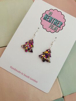 Purple And Gold Christmas Tree Glitter Earrings / Stocking Filler / Santa Present, 9 of 10