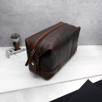 Men's Brown Leather Travel Toiletry Wash Bag, 2 of 4