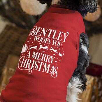 Personalised Woof You A Merry Christmas Pet Dog Red T Shirt, 2 of 2