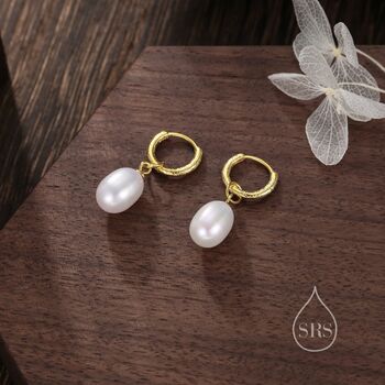 Oval Pearl With Skinny Hammered Hoop Earrings, 3 of 9