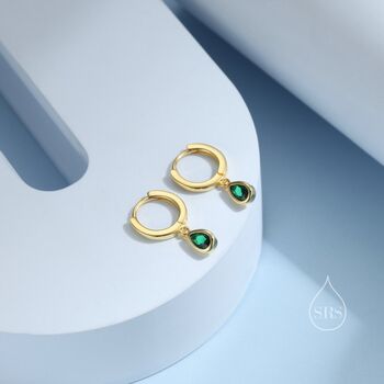 Sterling Silver Tiny Emerald Green Droplet Cz Huggie Hoop Earrings, 2 of 10
