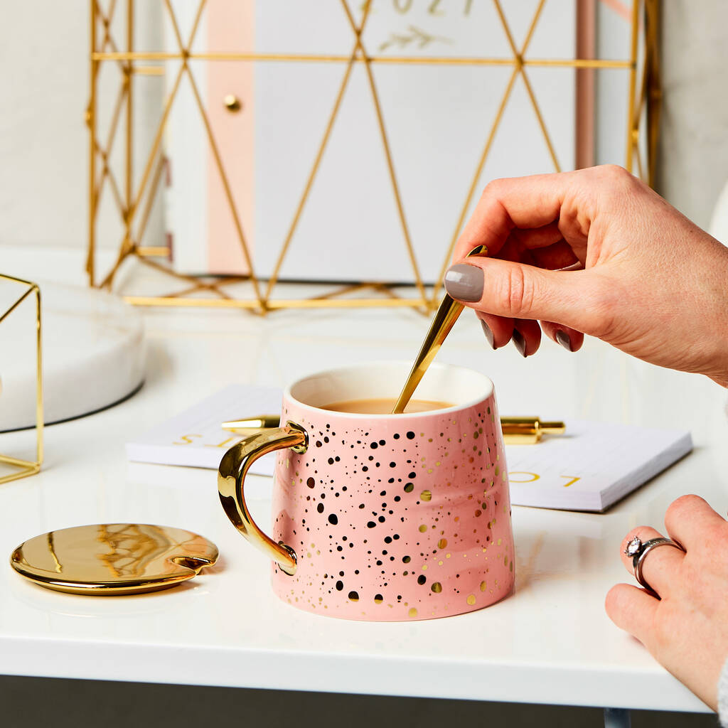 Gold Speckled Pink Mug With Spoon And Lid, 1 of 7