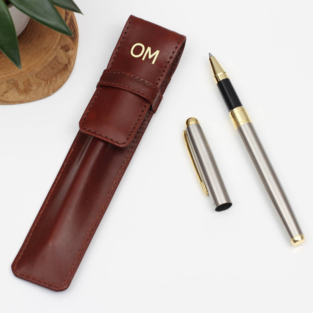 Personalised Antiqued Brown Leather Pen Holder And Pen, 1 of 4
