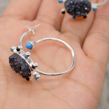 Black Onyx, Agate, Turquoise, Sterling Silver Hoop Earrings, 7 of 8