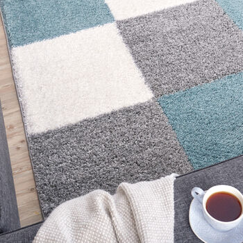 The Rugs Geometric Shaggy Rug Duck Egg Blue Checkered Rug, 2 of 12