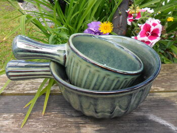 Set Of Two Reactive Glaze Handled Brûlée Bowls In Mist, 10 of 10