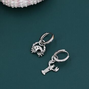 Mismatched Crab And Lobster Huggie Hoop Earrings In Sterling Silver, 7 of 11