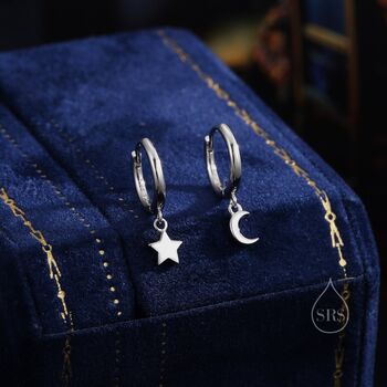 Sterling Silver Moon And Star Dangle Hoop Earrings, 2 of 12
