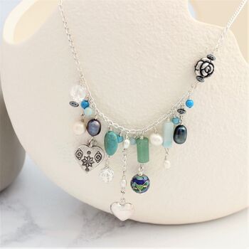 Turquoise And Green Gemstone Sterling Silver Charm Necklace, 3 of 11