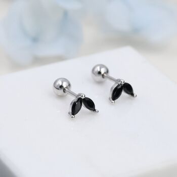 Sterling Silver Black Cz Marquise Leaf Duo Barbell Earrings, 2 of 9