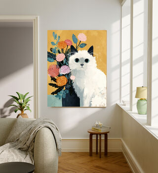 White Fluffy Cat Portrait Art Print, 2 of 4