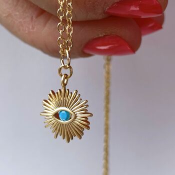 Gold Plated Sunburst Turquoise Evil Eye Necklace, 3 of 3