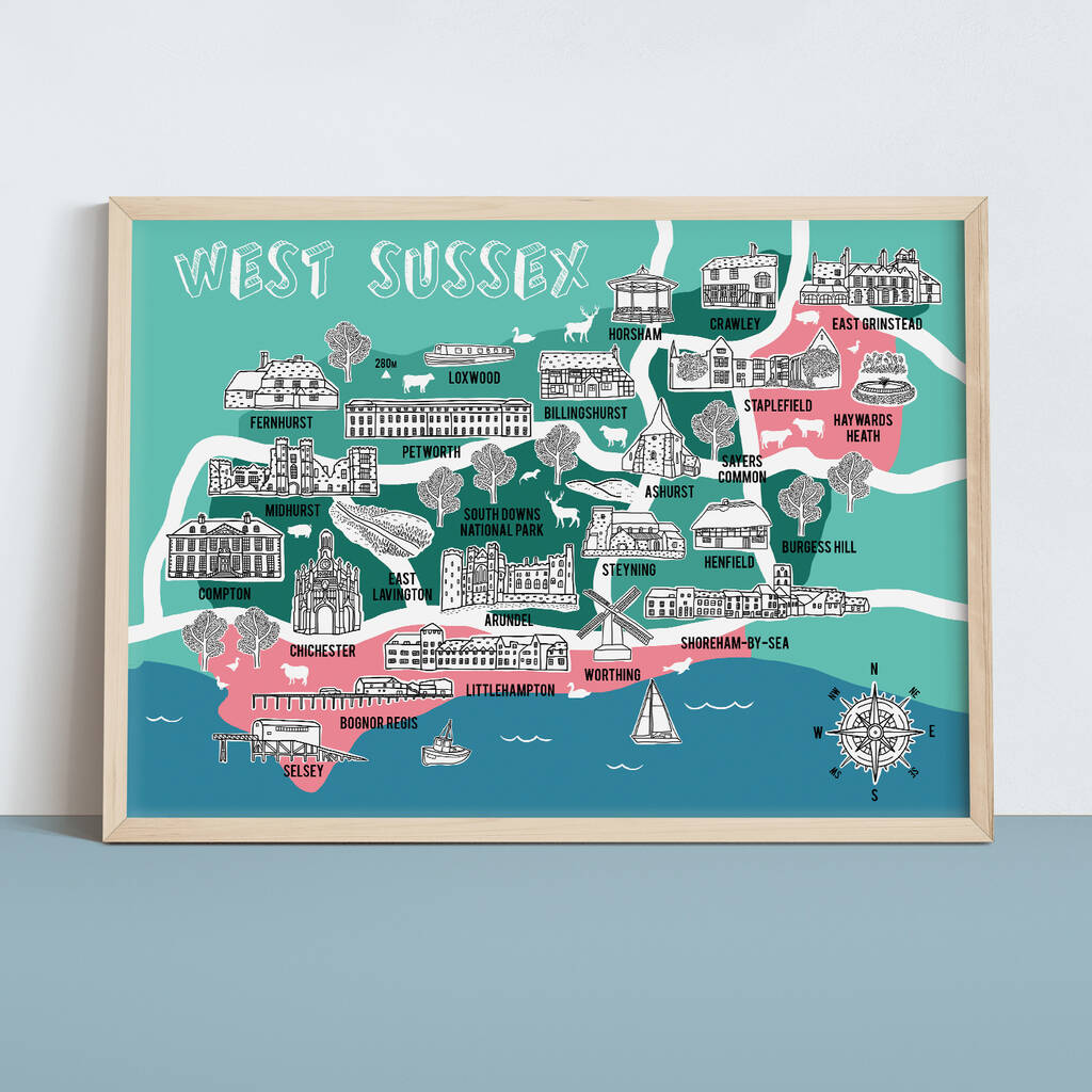 West Sussex Map Print By Bea Baranowska Illustration   Original West Sussex Map Print 