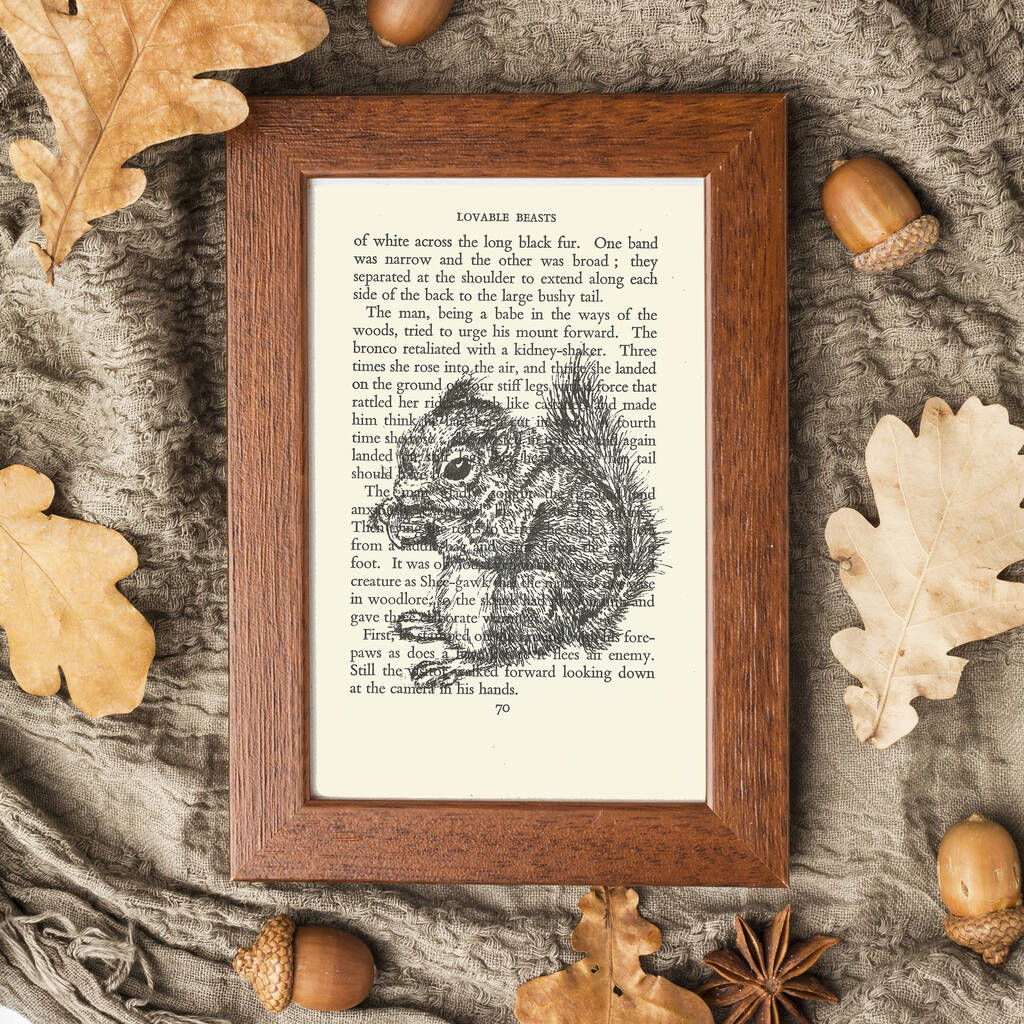 Squirrel Screen Print On Vintage Book Page
