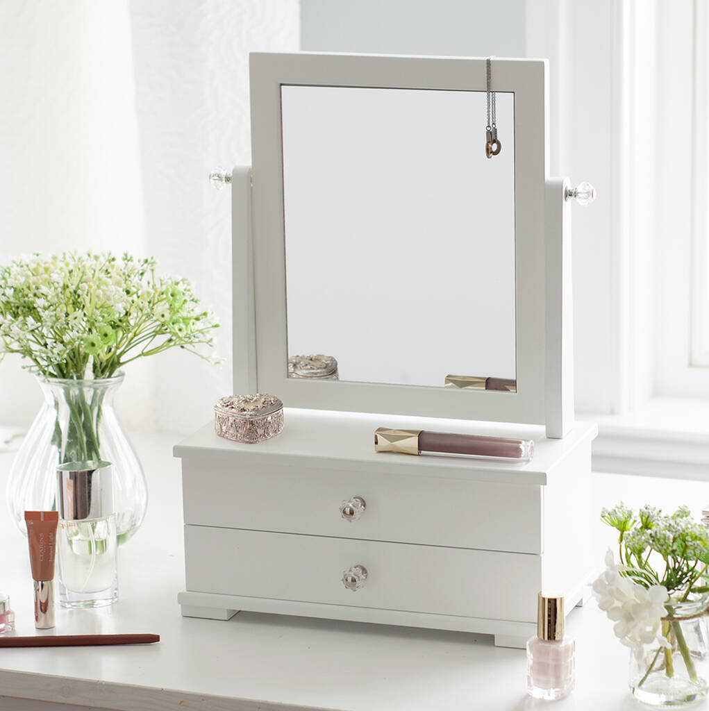White Wooden Vanity Mirror With Beauty Storage